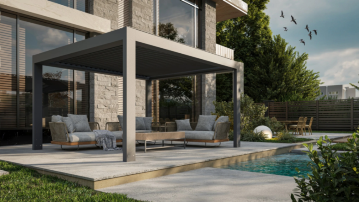 Aluminium-Pergola mit Lamellendach an modernem Haus