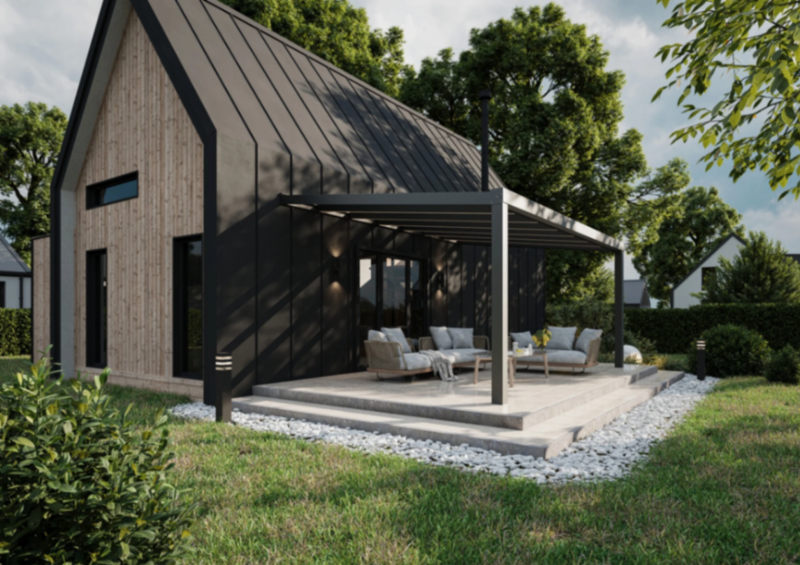 Moderne Aluminium-Veranda an schwarzem Haus mit Sitzecke
