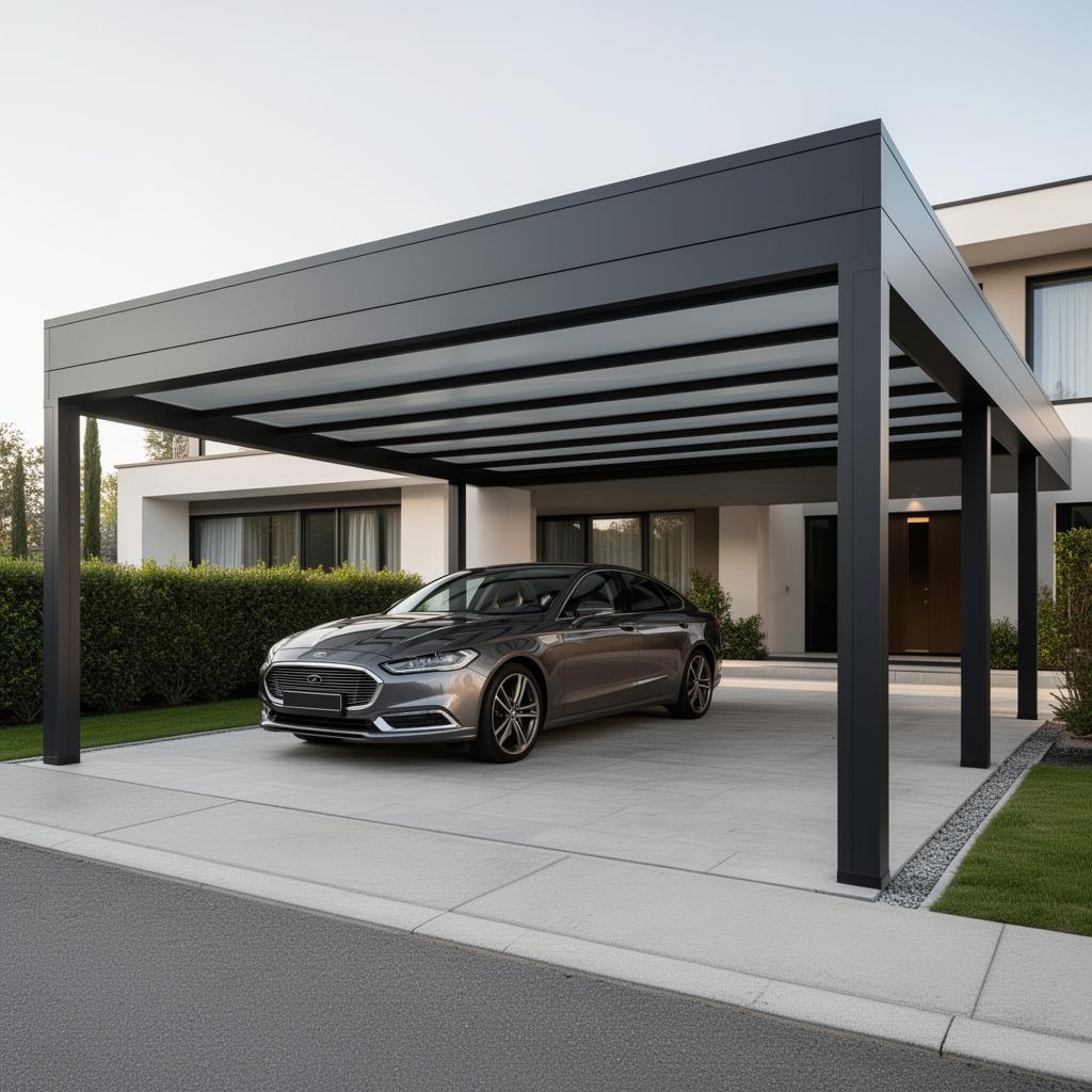 Moderne aluminium carport aan luxe woning met geparkeerde auto