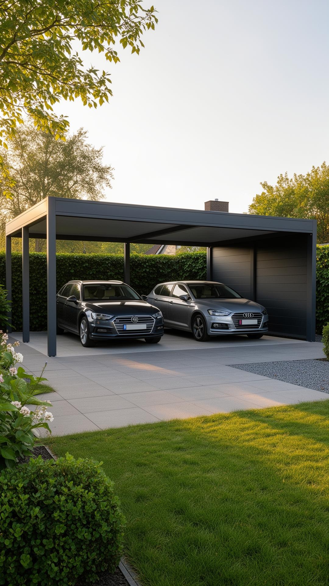 Dubbele aluminium carport in moderne tuin met twee geparkeerde auto's