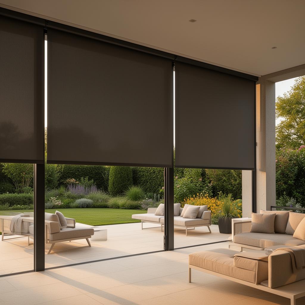 Moderne veranda met antraciete screens die zon en inkijk beperken