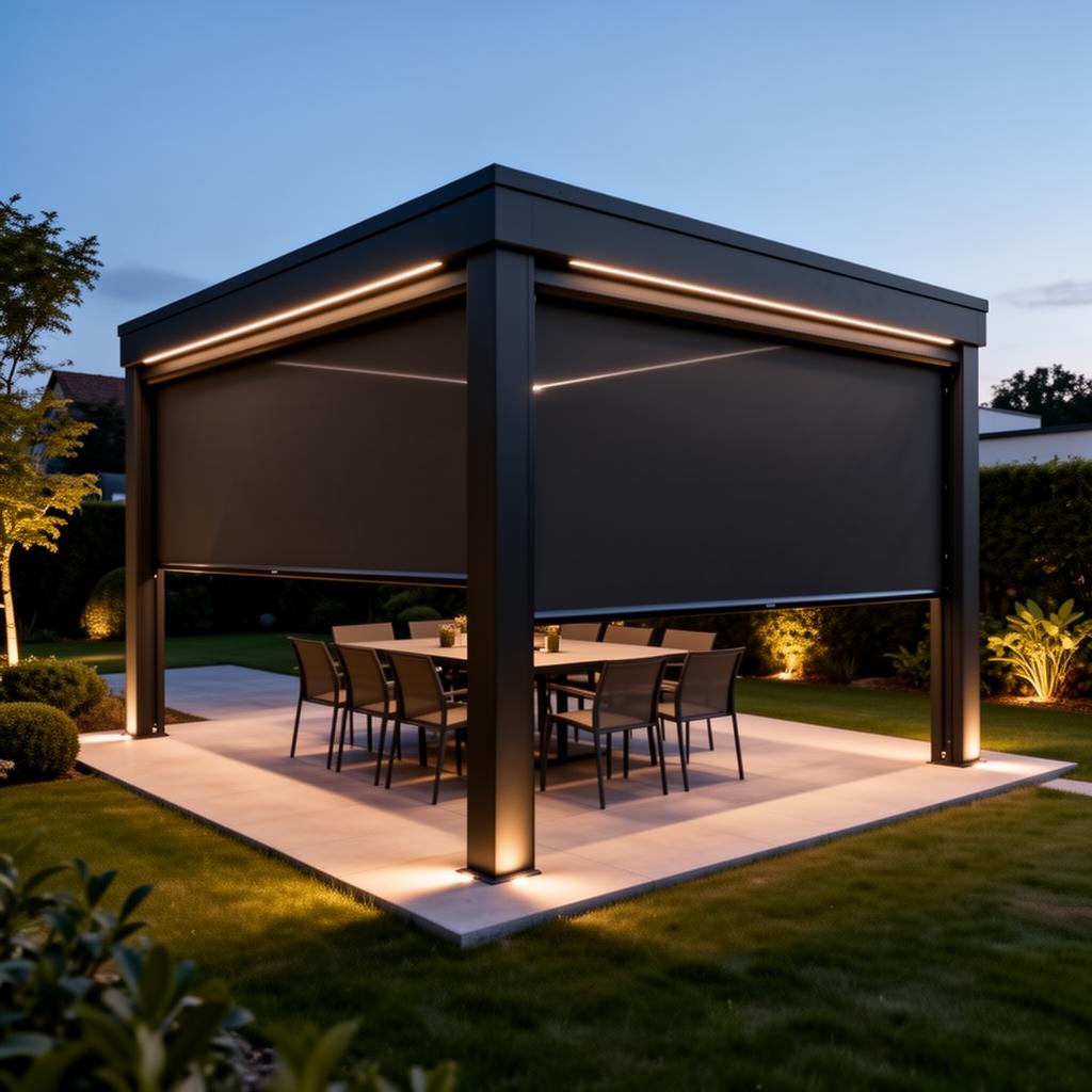Pergola met elektrische screens in de avond, sfeerverlichting en eettafel